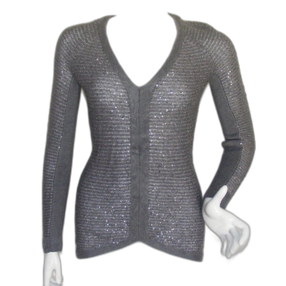 CACHE Sweater, S, Gray, Sequins, Asym hem, Long Raglan sleeves, Lightweight - Picture 1 of 10